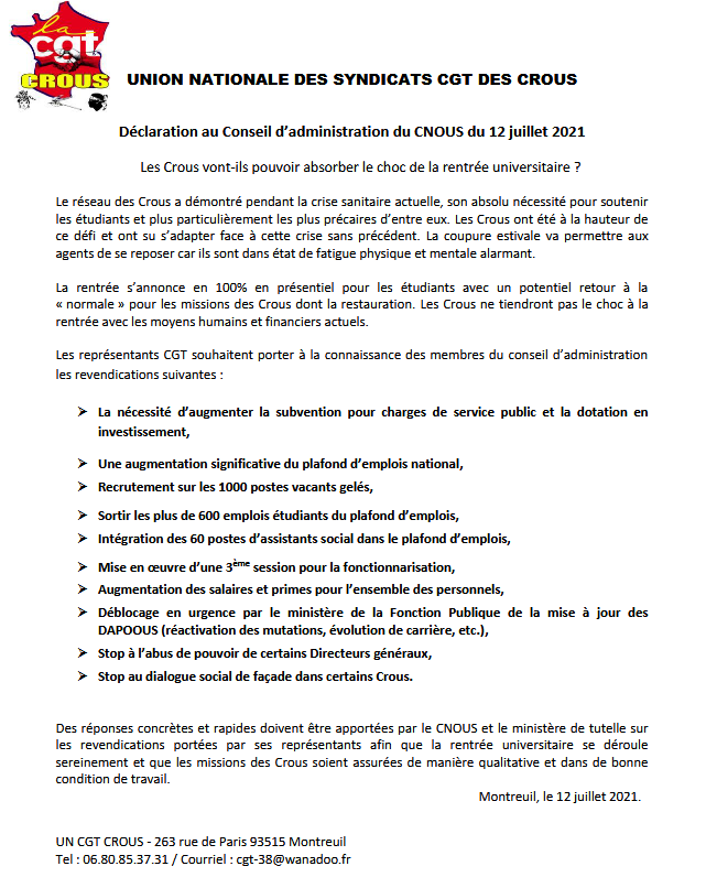 Declaration ca du cnous 12 juillet 2021